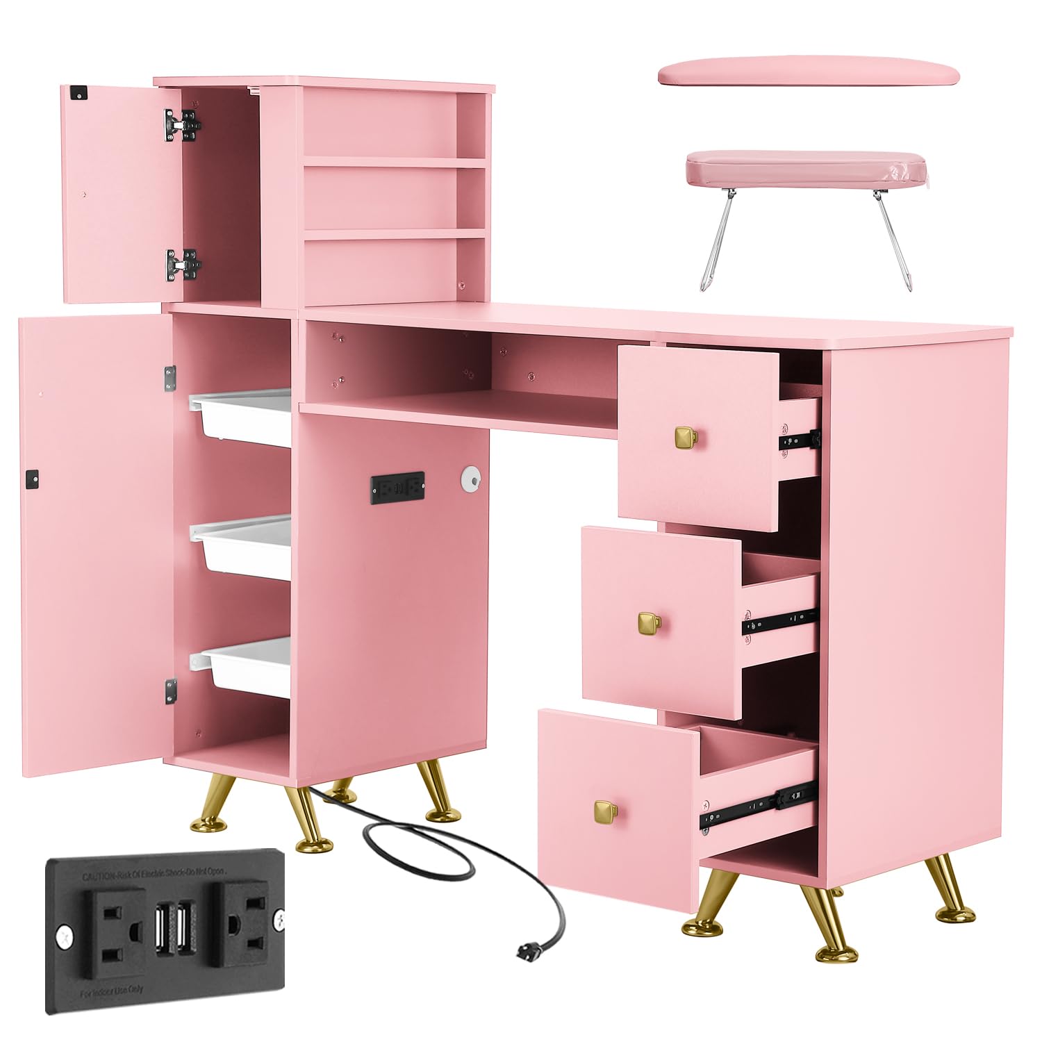 Beauty Makeup Desk - Tırnak teknisyenleri için pembe tırnak masası,