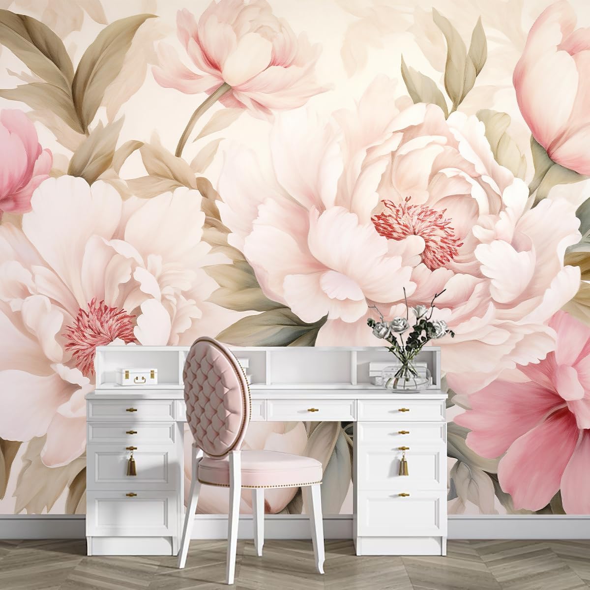 Beauty Makeup Desk - Zarif Şakayık Çiçek Duvar Kağıdı Vanity